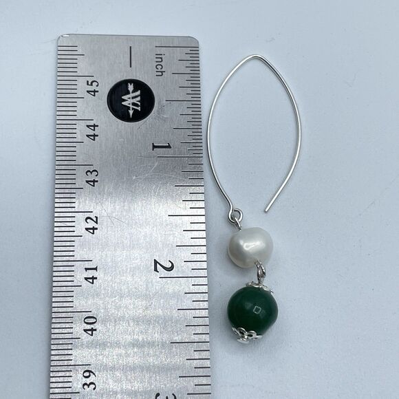 925 Sterling Silver Genuine Emerald Green Gemstone Pearl Dangle Hoop Earrings - Picture 9 of 10